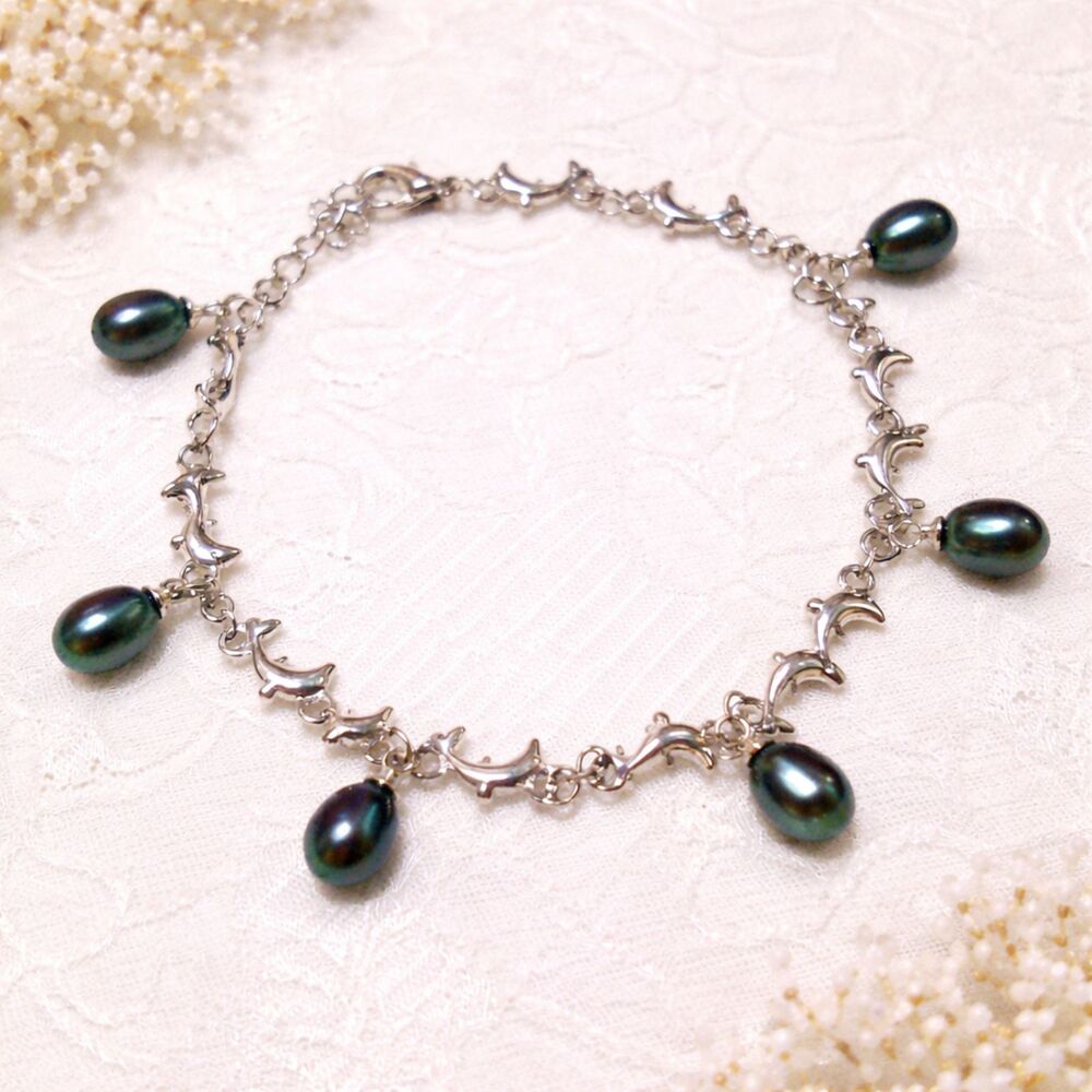 Silver Tone Black Freshwater Pearl Dolphin Link Bracelet